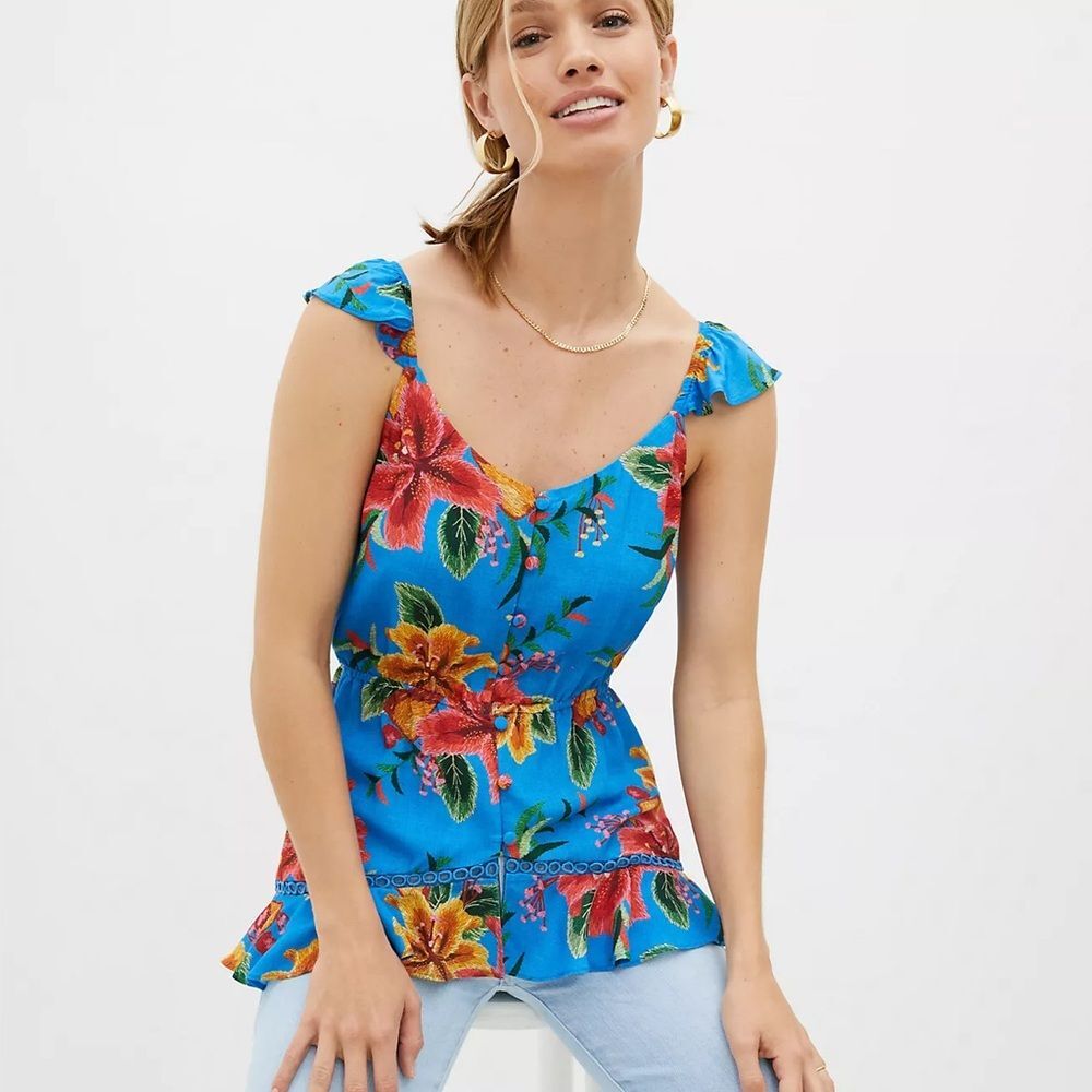 Farm Rio Ruffled Floral Tank Blouse Sleeveless Blue Size Medium Floral Tropical